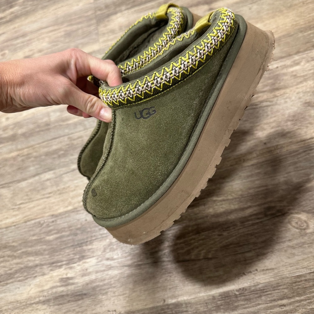 UGG Olive Suede Slip-Ons with Yellow Trim